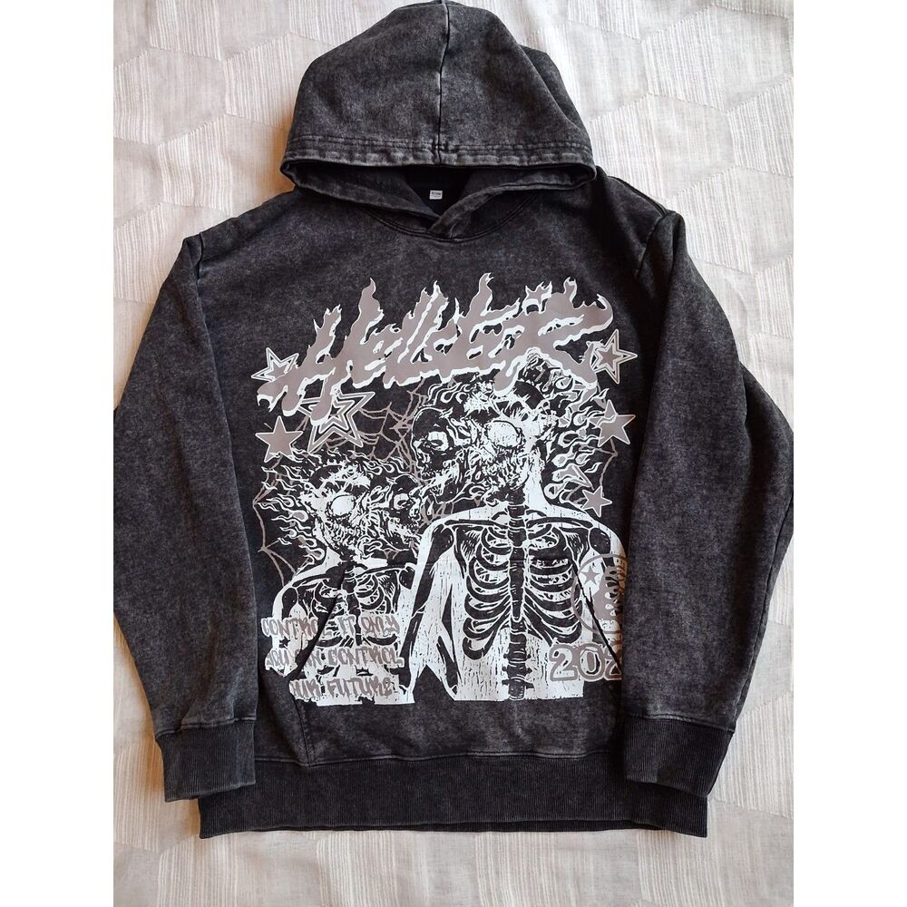Hellstar Graphic Skull Fire Acid Wash Hoodie Men's Small